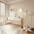 Modern White Dressing Table with Mirror Chair Lamp Green Plant Books and Rug by Window