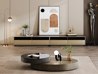 Modern TV Stand In Living Room Interior With Decorative Items Wall Art And Floor Lamp 3d model