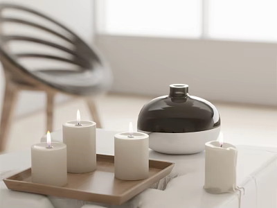 Candle Lamp Arrangement On Wooden Tray With White Candles And Black Container In Modern Interior 3d model