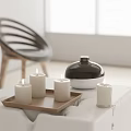Candle Lamp Arrangement On Wooden Tray With White Candles And Black Container In Modern Interior