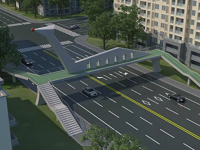 Modern Urban Pedestrian Overpass Spanning Wide Multi Lane Road With Stair Access Near Residential Buildings 3d model