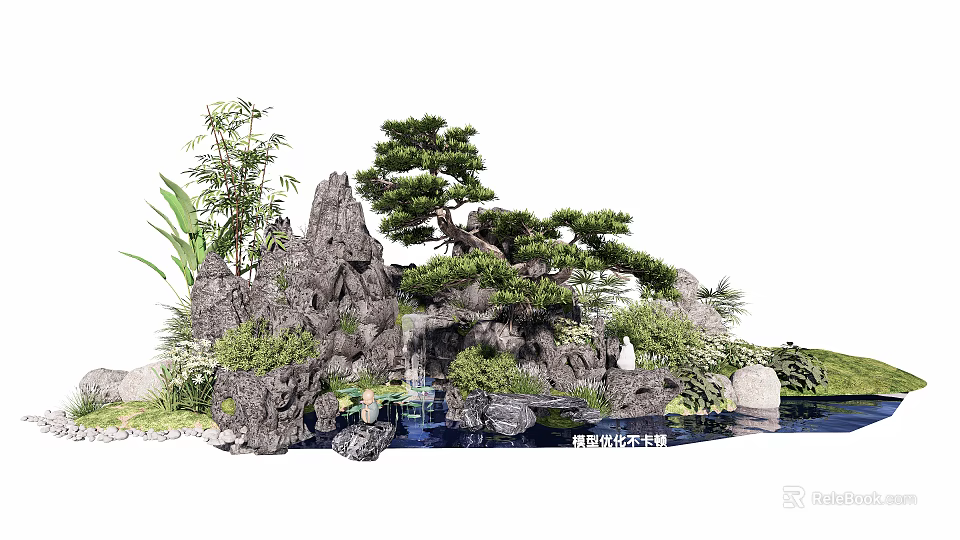 Garden Ornament Featuring Rockery Pine Tree Waterfall Stream and Lush Green Plants 3d model 