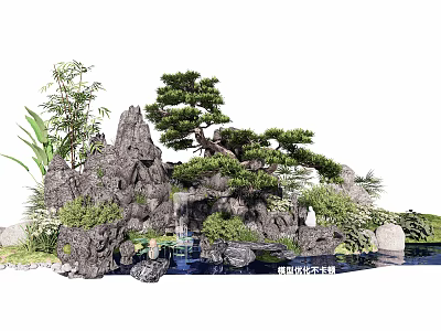 Garden Ornament Featuring Rockery Pine Tree Waterfall Stream and Lush Green Plants 3d model