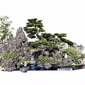 Garden Ornament Featuring Rockery Pine Tree Waterfall Stream and Lush Green Plants