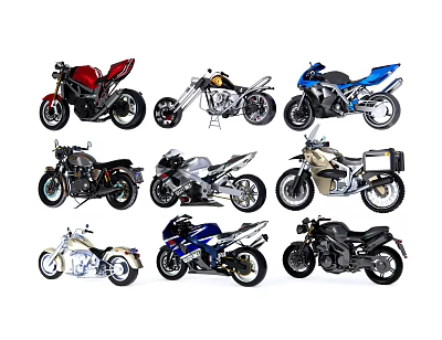 Collection of Various Style Motorcycles with Different Colors and Classic Designs 3d model