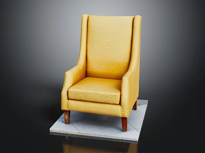 Stylish Yellow Leather Single Sofa With High Backrest Armrests Wooden Legs On Light Square Base 3d model