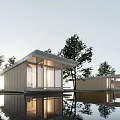 Modern Detached Villa With Large Glass Windows Surrounded By Trees And Water Reflection 3d model
