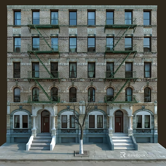Vintage Brick Apartment Building With Green Fire Escapes Arched Doorways And Decorative Windows 3d model 