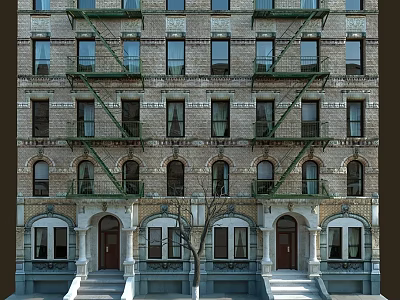 Vintage Brick Apartment Building With Green Fire Escapes Arched Doorways And Decorative Windows 3d model