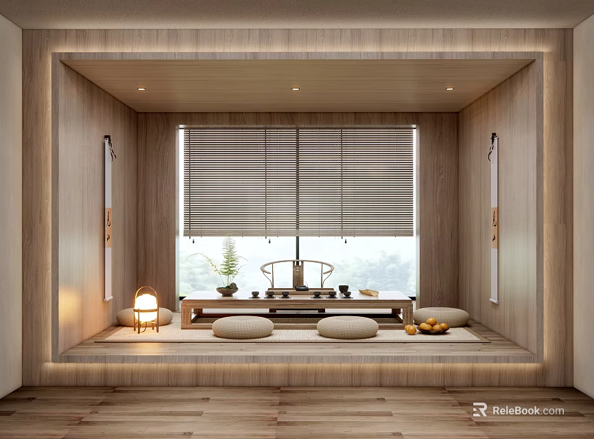 Serene Tea Room Interior With Wooden Structure Window Blinds Plants And Tea Set 3d model 