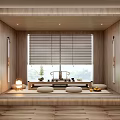 Serene Tea Room Interior With Wooden Structure Window Blinds Plants And Tea Set