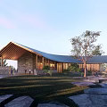 Scenic Visitor Center Surrounded by Forest Trees With Curved Roof and Illuminated Pathways