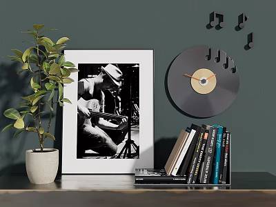 Decorative Ornament Combination Featuring Green Wall Vinyl Clock Music Notes Framed Photo Plant and Books 3d model