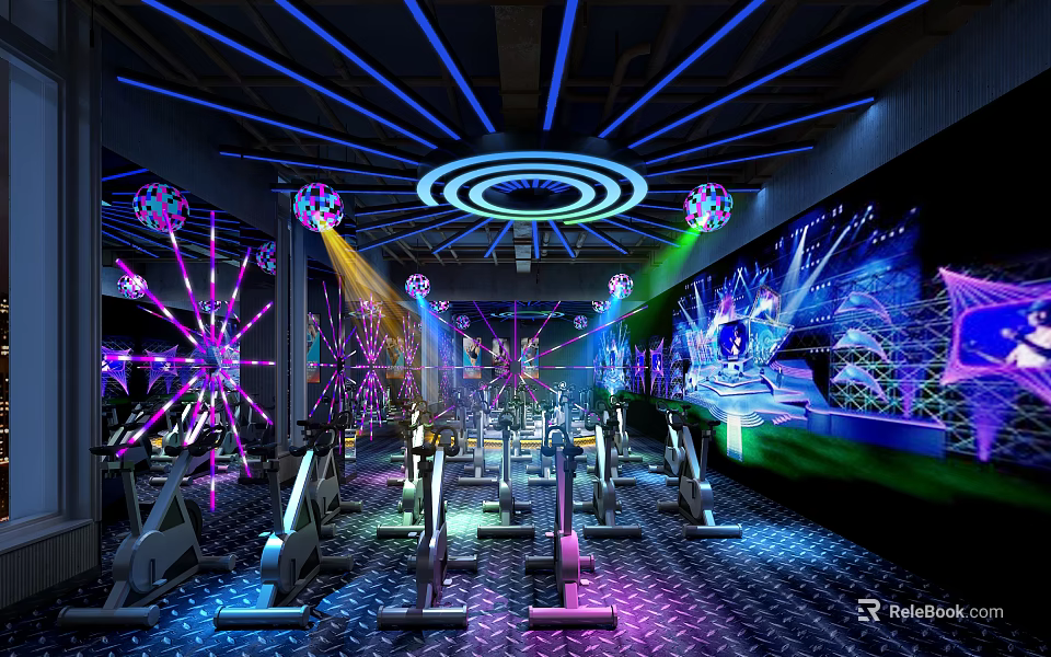 Modern Fitness Studio With Spin Bikes Colorful Lighting And Projection Screens 3d model 