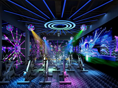 Modern Fitness Studio With Spin Bikes Colorful Lighting And Projection Screens 3d model