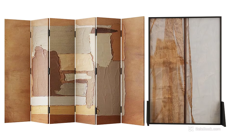 Wooden Room Divider With Patchwork Brown Beige Panels And Sheer Transparent Screens 3d model 