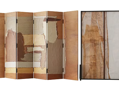 Wooden Room Divider With Patchwork Brown Beige Panels And Sheer Transparent Screens 3d model