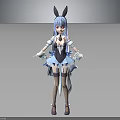 Cute Anime Girl With Blue Hair Rabbit Ears White Blue Short Skirt Outfit