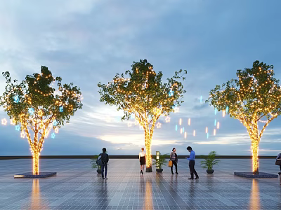 Tree Plant Combination Featuring Lit Trees People And Sunset Sky In Plaza 3d model