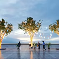 Tree Plant Combination Featuring Lit Trees People And Sunset Sky In Plaza