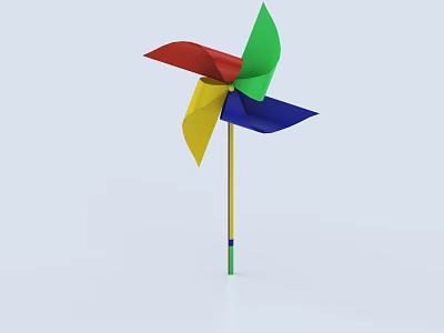 Colorful Pinwheel with Red Green Yellow Blue Blades and Yellow Stick on White Background 3d model