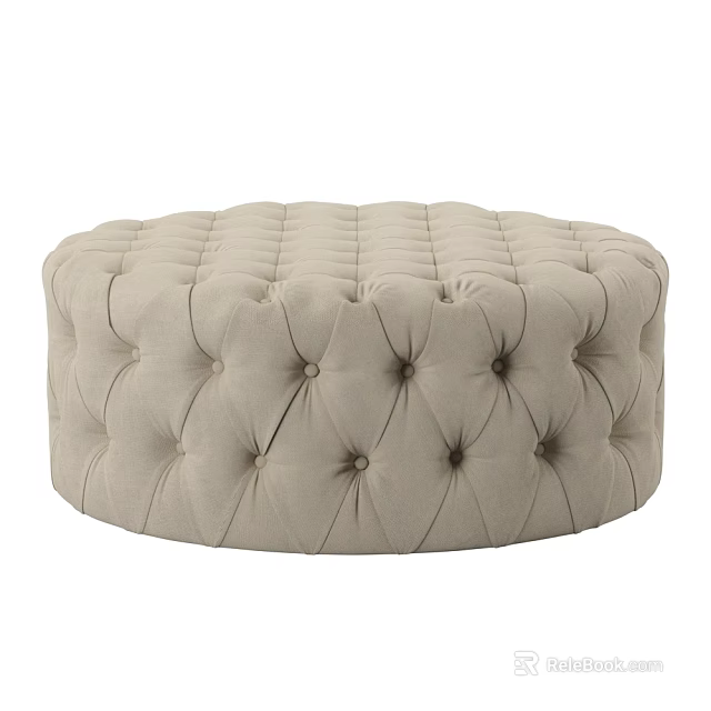 Round Beige Tufted Upholstered Ottoman With Button Accents For Living Room Decor 3d model 