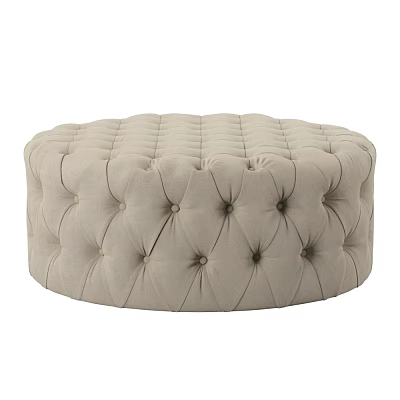 Round Beige Tufted Upholstered Ottoman With Button Accents For Living Room Decor 3d model