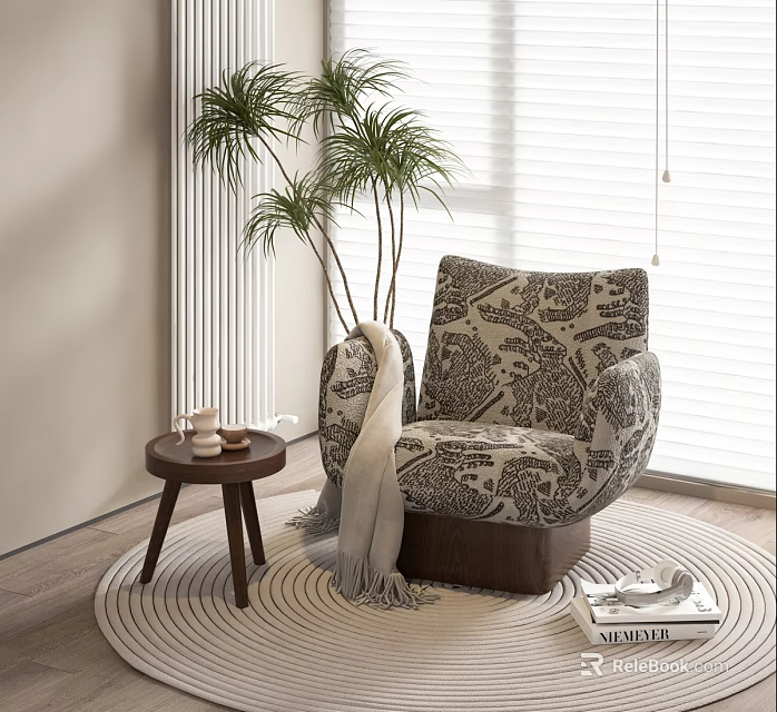 Patterned Bean Bag Chair with Blanket on Side Table near Plant and Window in Modern Interior 3d model 