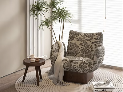 Patterned Bean Bag Chair with Blanket on Side Table near Plant and Window in Modern Interior 3d model