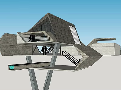 Modern Geometric Detached Villa With Wooden Facade Terrace And Glass Staircase 3d model