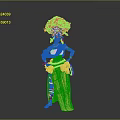Vibrant Fantasy Character With Ornamental Floral Feathered Headdress And Green Yellow Purple Skirt Outfit