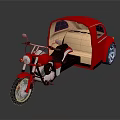 Shiny Red Motorcycle With Enclosed Sidecar Beige Seats And Chrome Accents