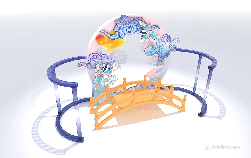 Decorative Moon Shaped Arch With Cloud Patterns Sun And Wooden Bridge Design 3d model 