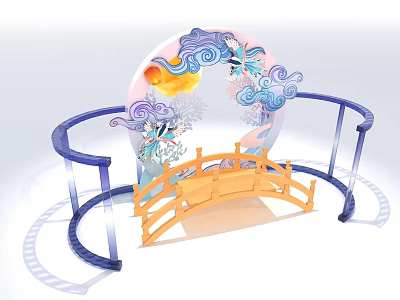 Decorative Moon Shaped Arch With Cloud Patterns Sun And Wooden Bridge Design 3d model