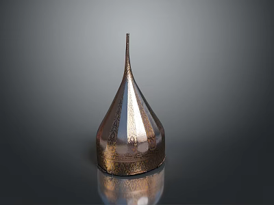 Copper Colored Textured Weapon with Conical Shape Wide Base and Pointed Top on Reflective Surface 3d model