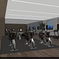 Modern Fitness Gym Interior With Exercise Bikes Treadmills Ceiling Lights And Wooden Floors