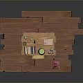 Wooden Dining Table With Candles Green Bottle Books And Cushions On Wooden Planks
