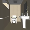 Public Restroom with Beige Tile Walls Toilet Grab Bars Sink Mirror Soap Dispenser and Window