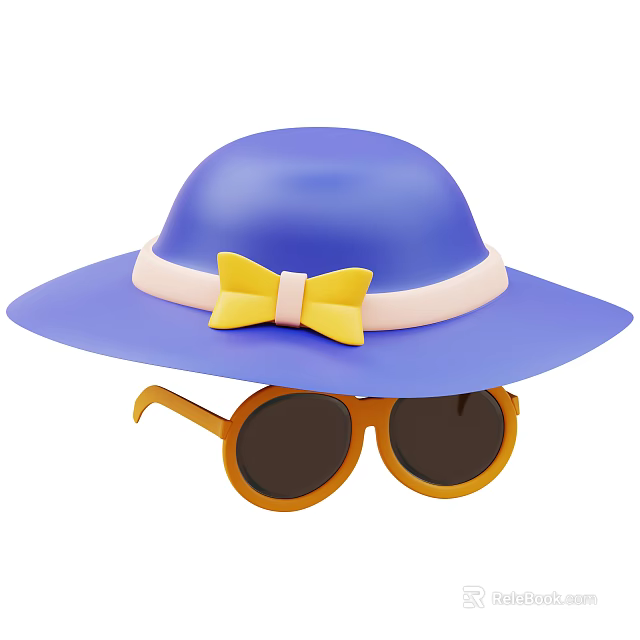 Blue Hat With Yellow Bow And Orange Sunglasses For Fashionable Look 3d model 