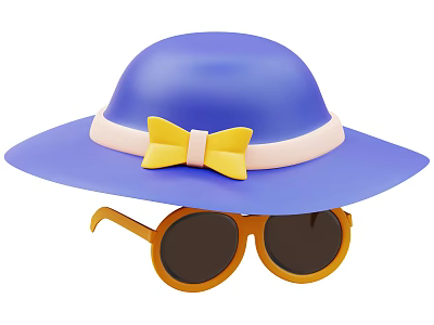 Blue Hat With Yellow Bow And Orange Sunglasses For Fashionable Look 3d model
