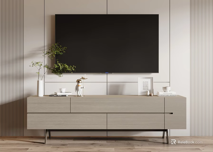 Modern TV Stand With Wall Mounted TV Decorative Plants Drawers And Striped Wall 3d model 