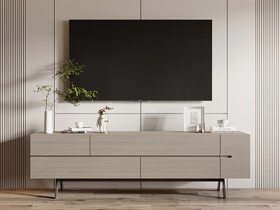 Modern TV Stand With Wall Mounted TV Decorative Plants Drawers And Striped Wall 3d model