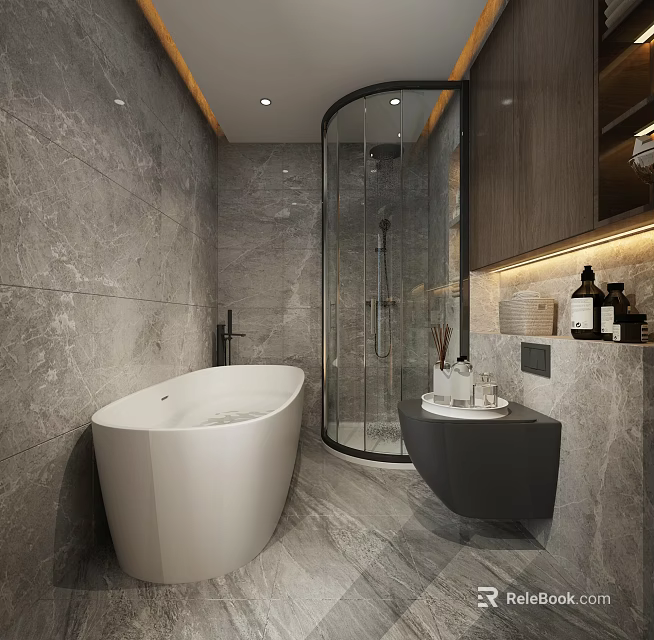 Modern Bathroom Toilet With Gray Marble Walls And Glass Shower Enclosure 3d model 