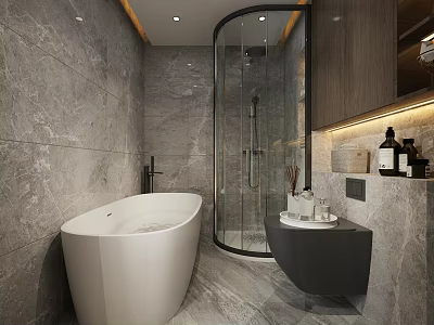 Modern Bathroom Toilet With Gray Marble Walls And Glass Shower Enclosure 3d model