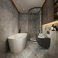Modern Bathroom Toilet With Gray Marble Walls And Glass Shower Enclosure