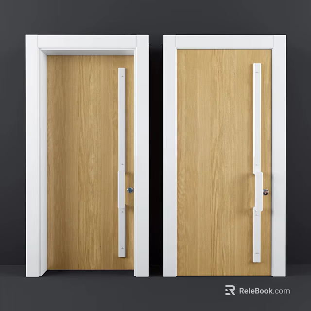 Wooden Swing Doors With White Frame And Long Vertical Handle For Home Interior 3d model 