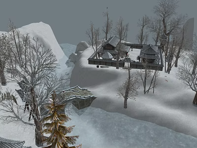 Scenic Snowy Winter Landscape With Traditional Wooden Houses Bare Trees And Pine Trees 3d model