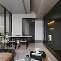 Modern Dining Living Room Interior With Dark Cabinets LED Lighting And Brown Sofa