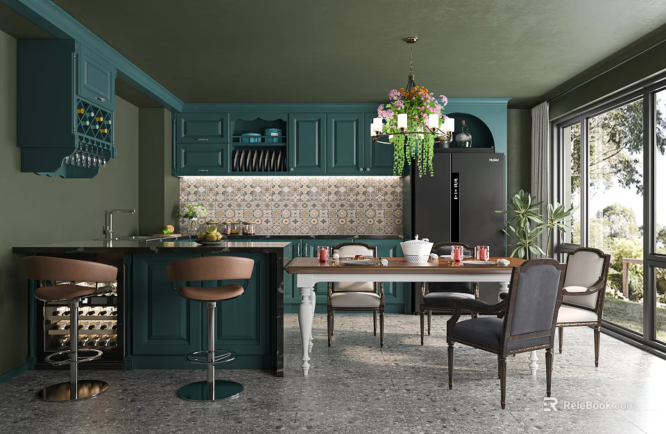 Teal Kitchen Interior With Cabinets Island Counter Chandelier Greenery Dining Table Tile Backsplash Natural Light 3d model 