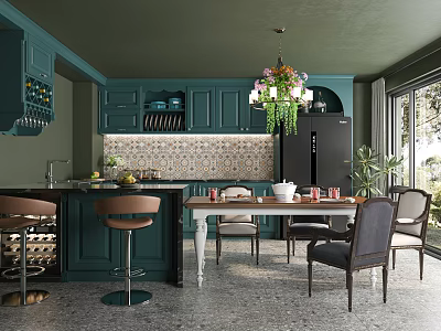 Teal Kitchen Interior With Cabinets Island Counter Chandelier Greenery Dining Table Tile Backsplash Natural Light 3d model